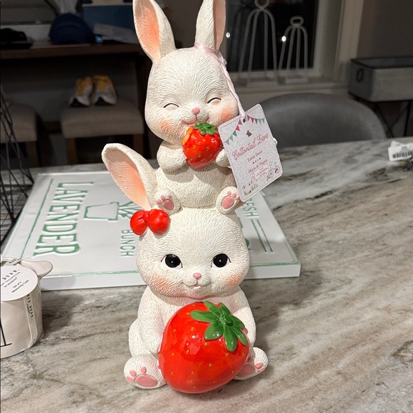 Other - Stacked Bunny Figurine Holding Strawberries - White with Red Accents